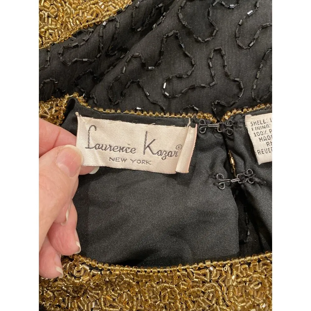 Laurence Kazar Vintage 100% Silk Lurex Fully Beaded Blouse Size Large Black Gold - Image 4