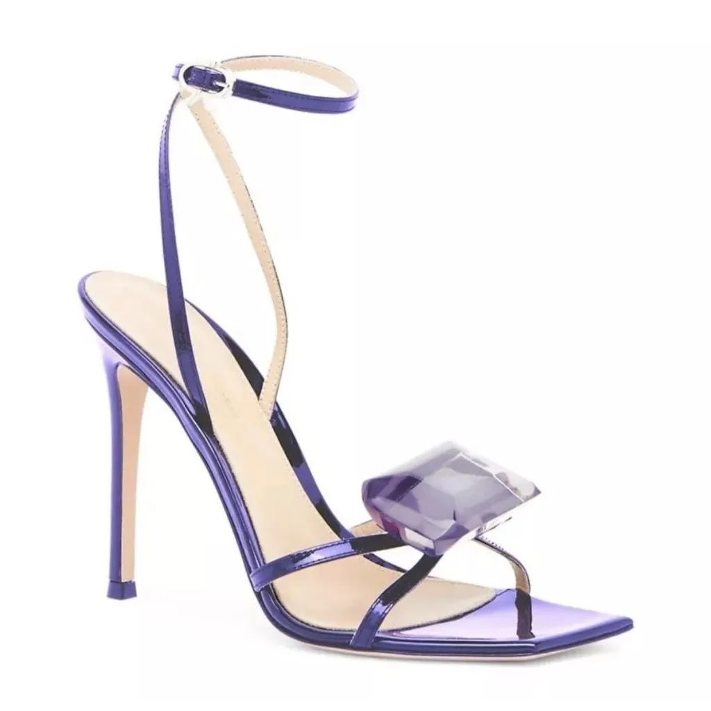 GIANVITO ROSSI Jaipur Indigo Purple Crystal Embellished Leather Sandals Heels Si - Image 3
