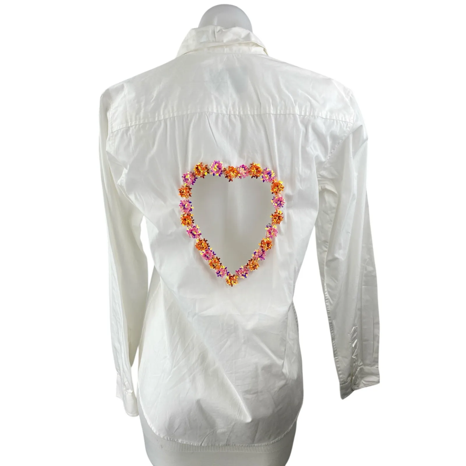 Sarto White Beaded Button Down Heart CutOut Long Sleeve Shirt Blouse Top Size S - Image 3
