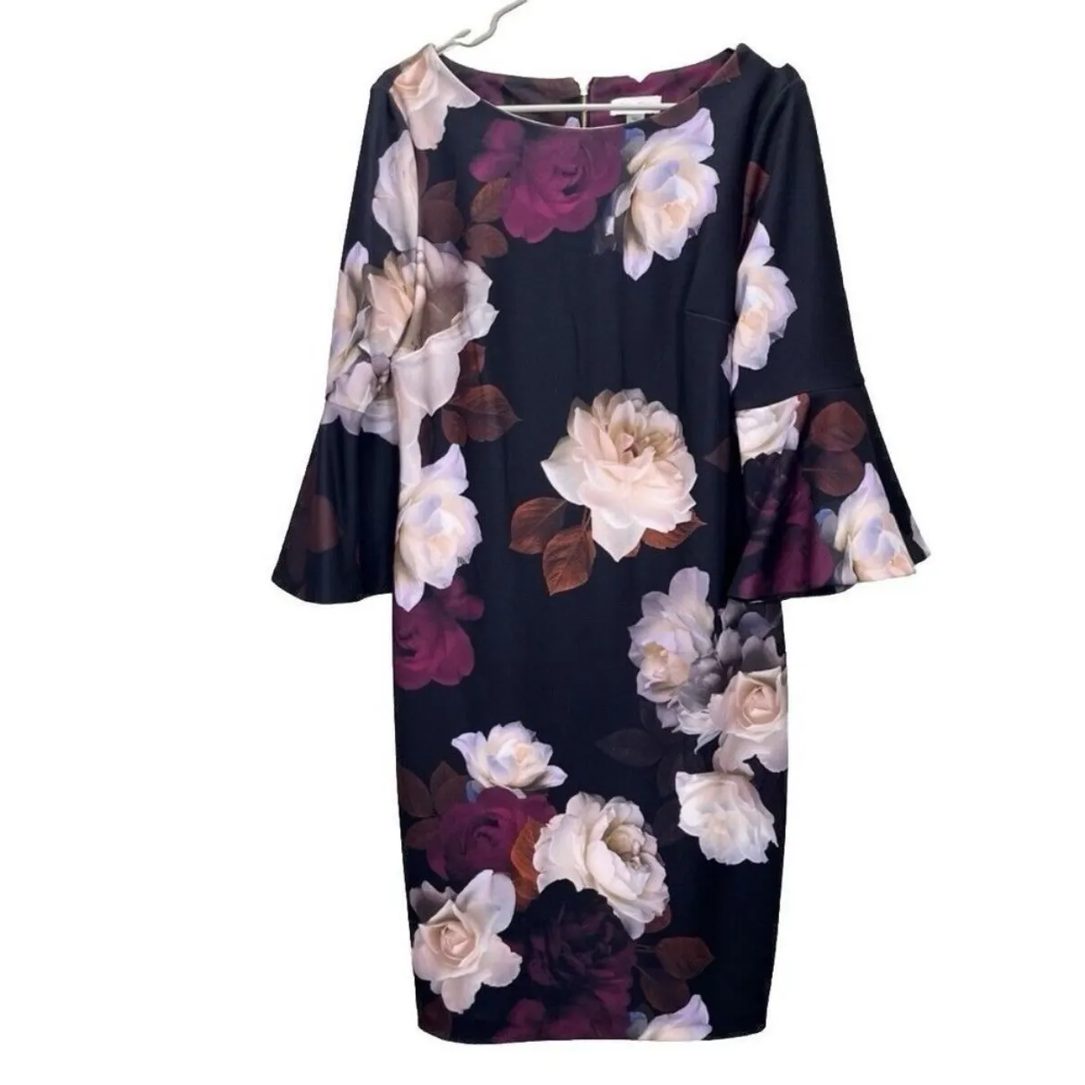 Calvin Klein Black Pink Floral Bell‎ Sleeve Stretch Crepe Sheath Dress Size 4 - Image 3