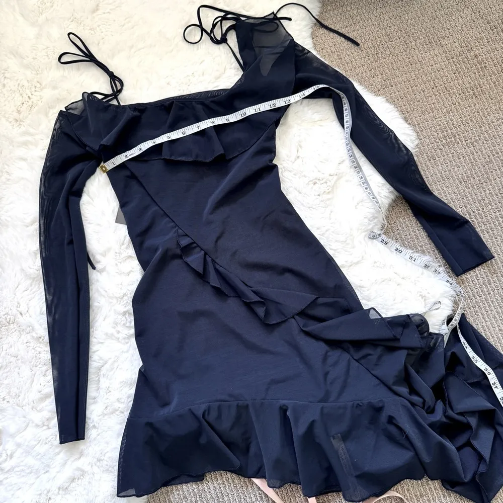 House of CB Hi-Lo Asymmetrical Ruffle Off Shoulder Mesh Kiki Dress XS - Navy - Image 5