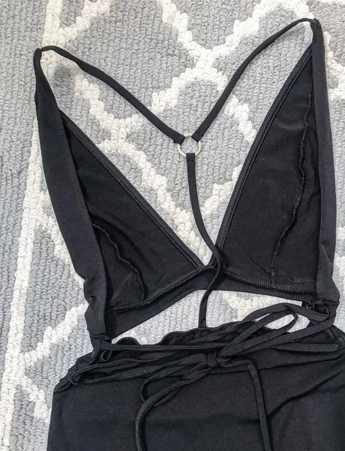 Black Slinky Strappy Plunge Midi Dress - Image 10