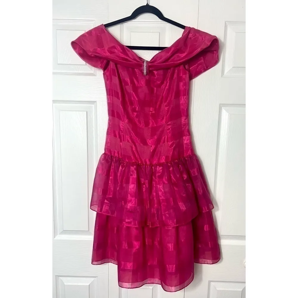 Vintage Pink Off Shoulder Tiered Ruffle Organza Cocktail Party Dress Size Small - Image 11