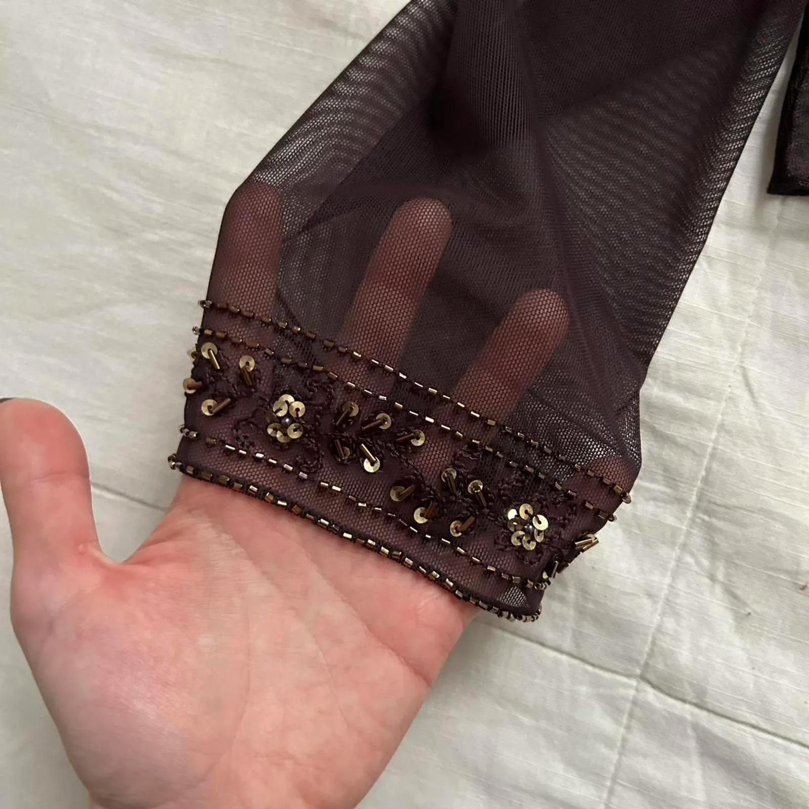 Xscape vintage brown sheer mesh Bolero with beaded detailing Size 12 - Image 3