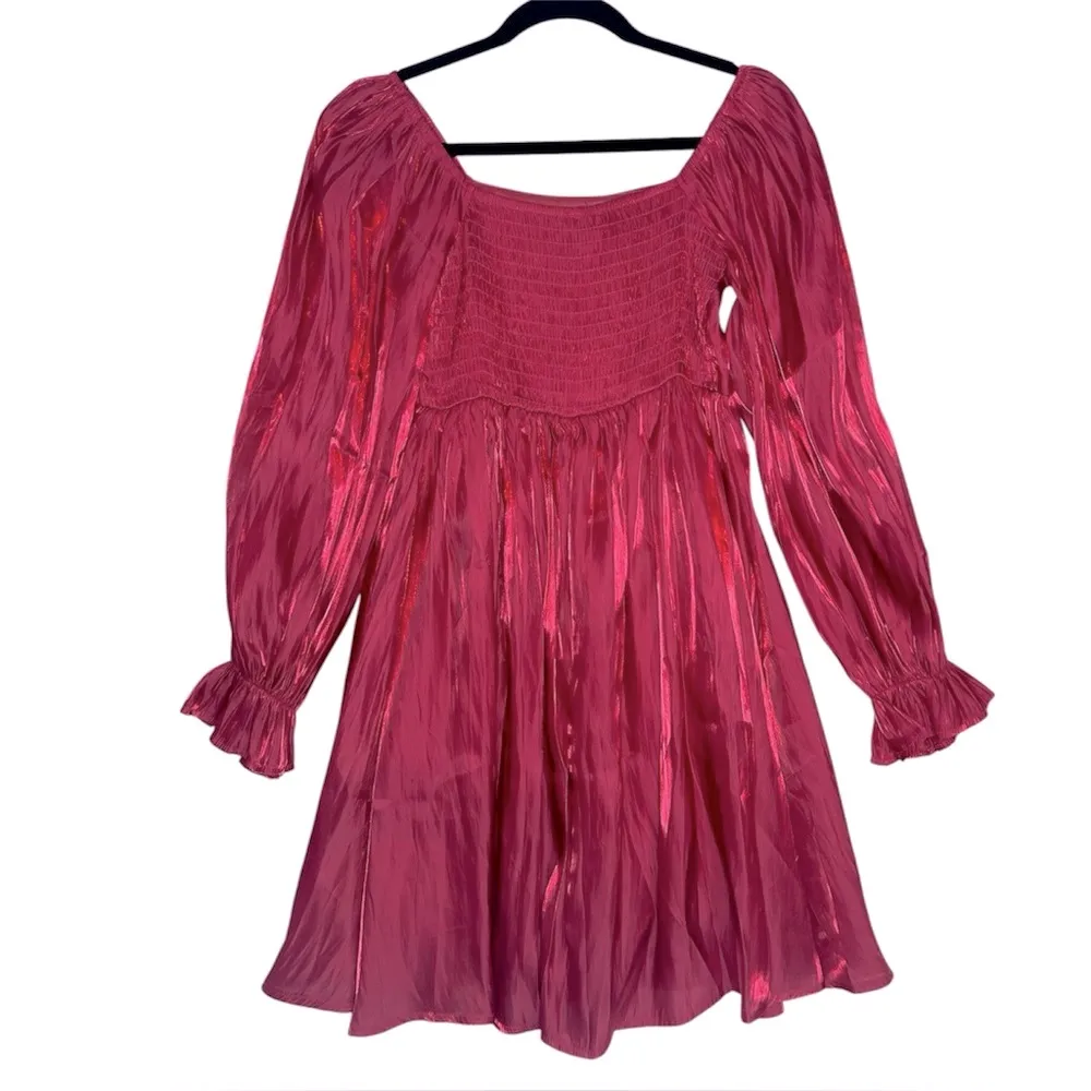 Umgee Long Sleeve Shimmer Mini Dress Smocked Back panel babydoll Size Small NWT - Image 2