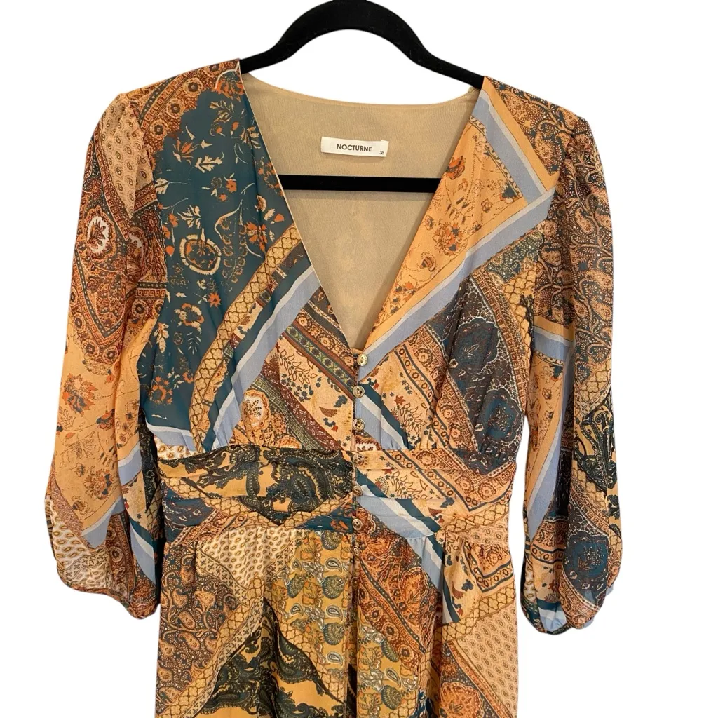 Nocturne Boho Print Long Sleeve Plunge Tiered Maxi Dress | Prairie Cottagecore Size M - Image 5