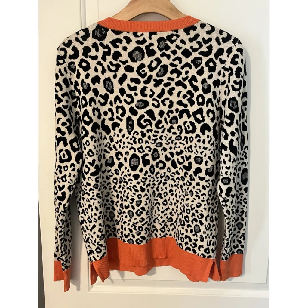89th + Madison Sweater Womens Size Large Leopard Print Orange Trim Crew Neck Top White - Image 8