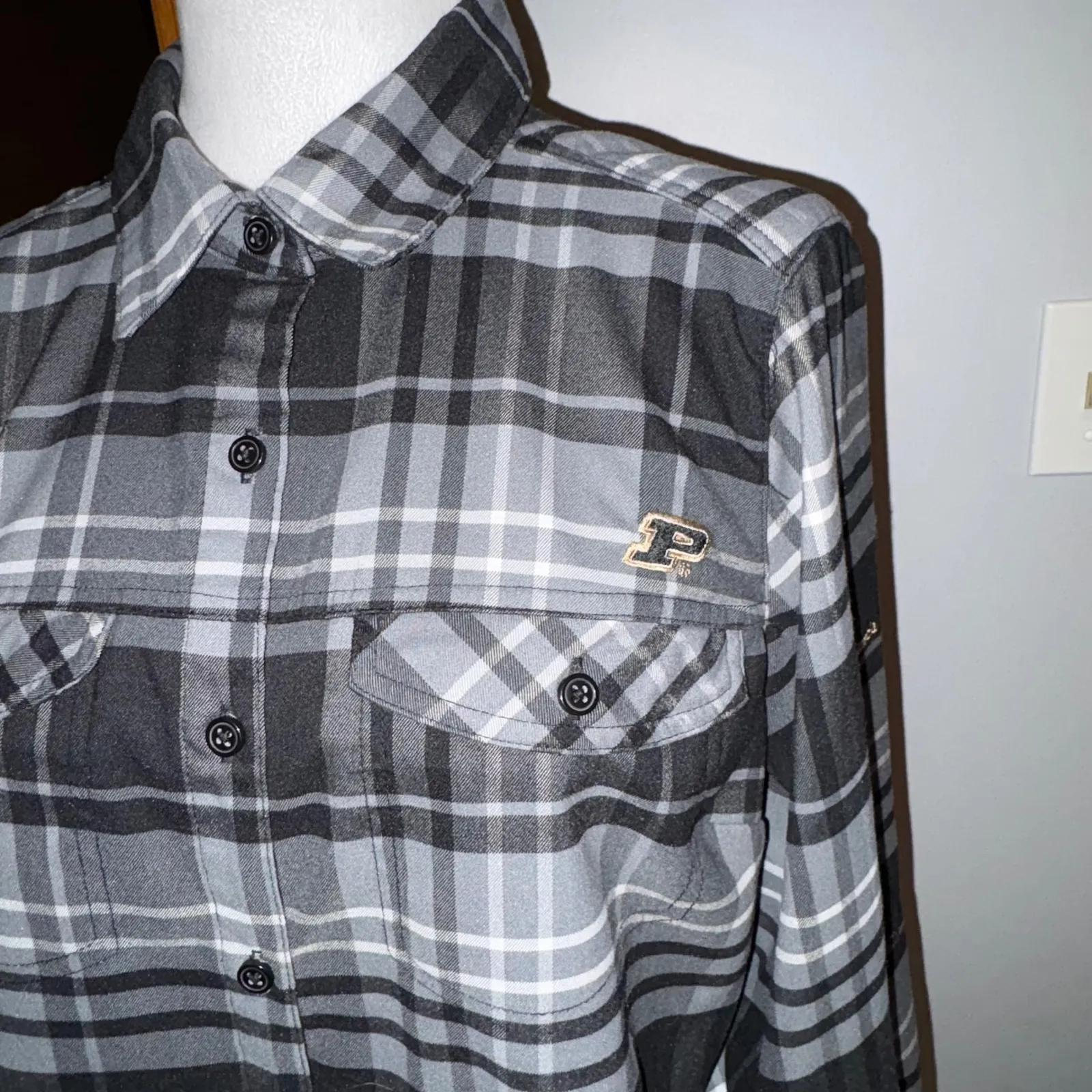 Columbia Purdue University Sportswear Long Sleeve black gray Plaid Flannel Shirt - Image 2