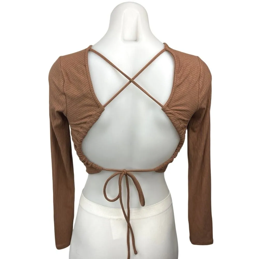 ASTR The Label Brown Ribbed Knit Cross Open Back Crew Neck Crop Top Size XS - Image 2
