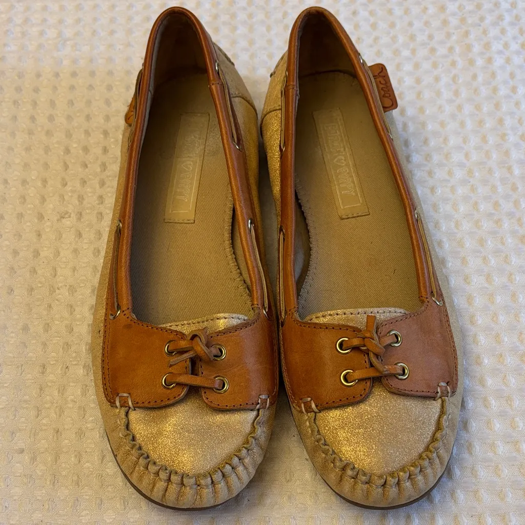 Coach CHERRY Size 8.5M Women's Tan Metallic Gold Leather Loafers Moccasins - Image 6