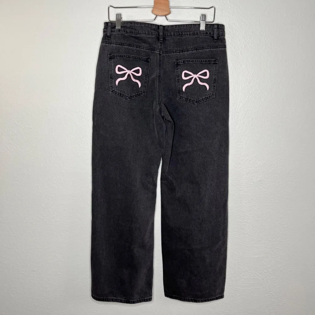 Edikted Black Bow Pocket Relaxed Cotton Denim Jeans size Large kawaii kpop - Image 3