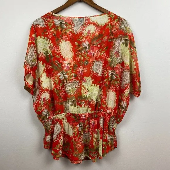 Rafaella Top L Floral‎ Red Green Semi Sheer Smocked Short Dolman Sleeve - Image 5
