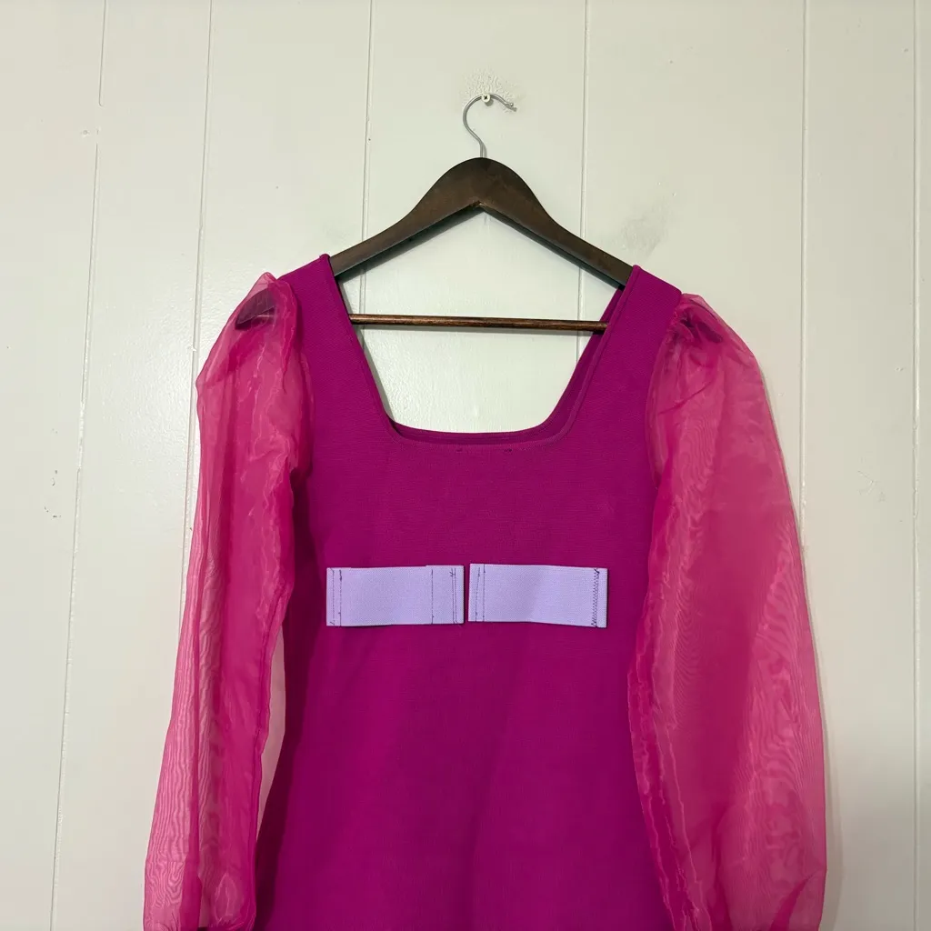 House of Harlow 1960 Fuchsia Bodycon Dress Sheer Puff Sleeves XS Pink - Image 9