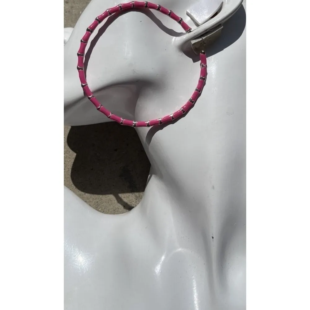 Vintage Large Hot Pink Silver Women’s Sz 8” Hoop Pierced Earrings Quality - Image 4