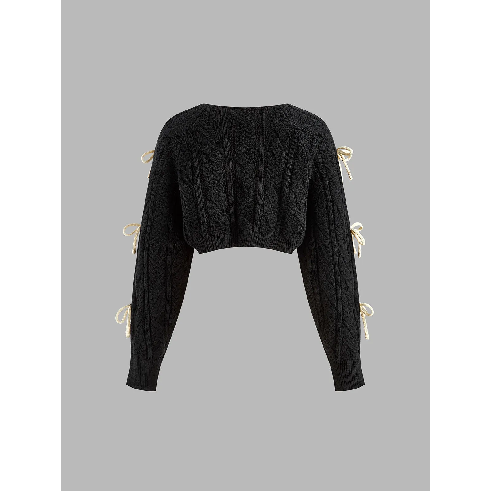Commense Bow Knotted Cropped Cable Knit Cardigan Girly Cozy Black NWT XL - Image 3
