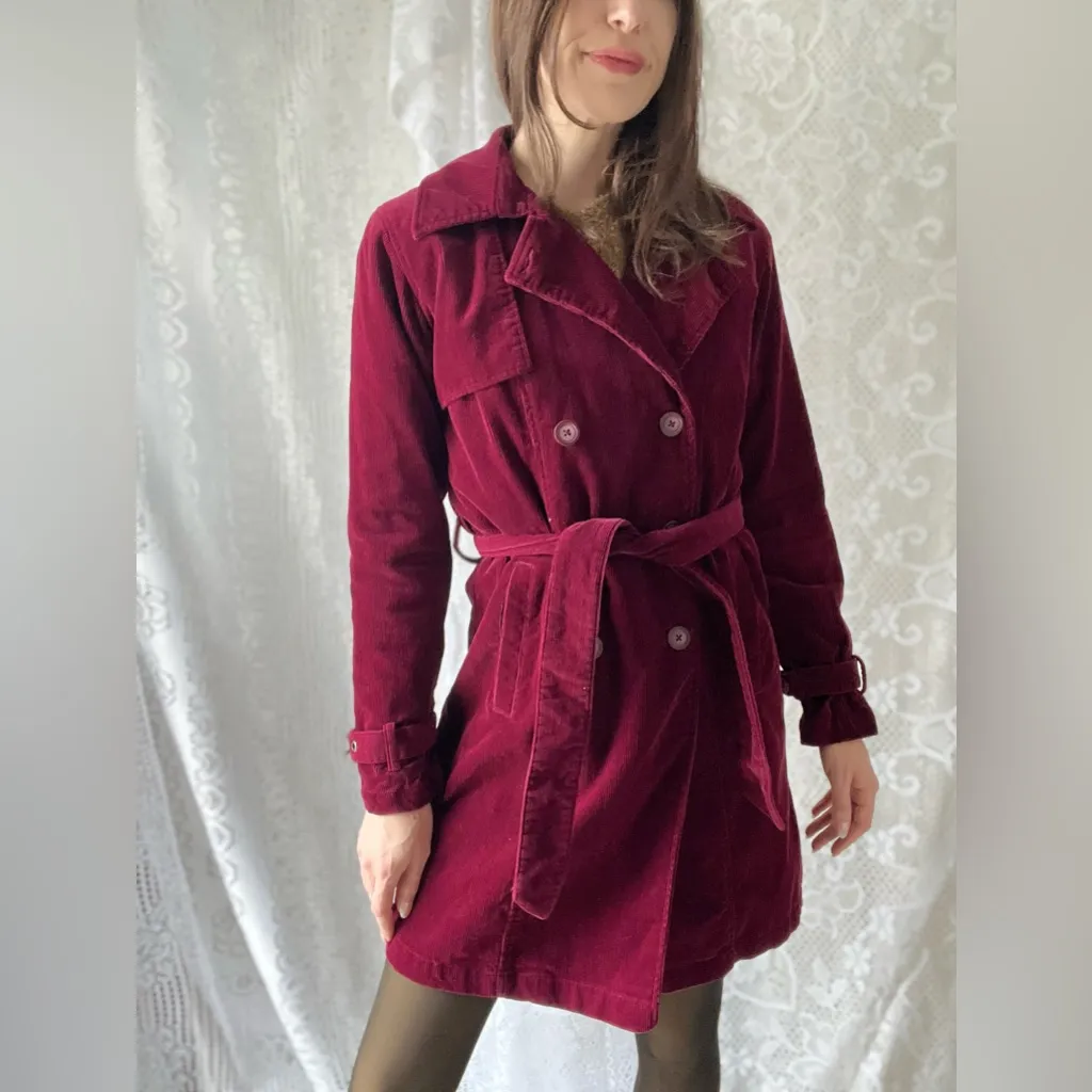 Vintage Burgundy Corduroy Trench Coat Kathy Ireland Belted Double Breasted - Image 10