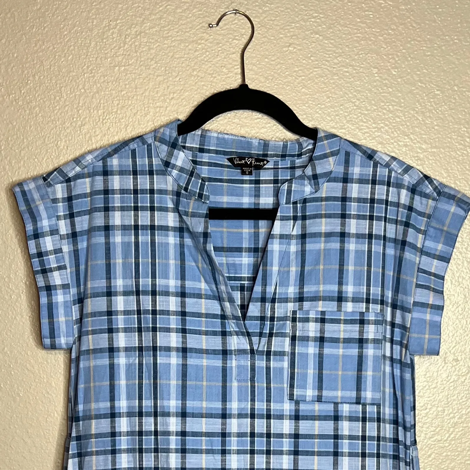 Velvet Heart Plaid Midi Dress Size S Cap Sleeve V-Neck Casual‎ Lagenlook Pockets - Image 3