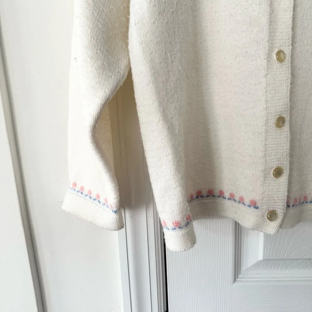 College Point Wintuk Orlon Acrylic Beige Cottagecore Floral Print Cardigan M USA Pink Size M - Image 3