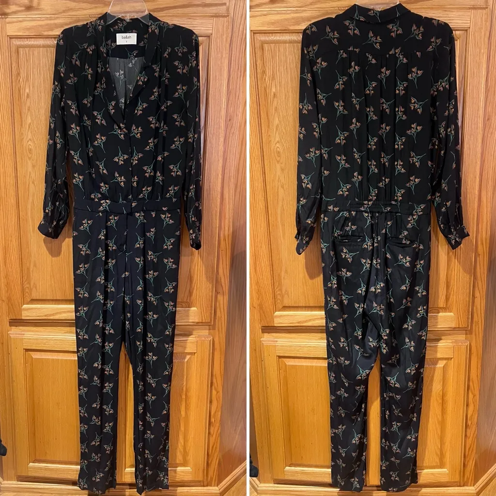 ba&sh Fady Noir Floral‎ Print Crossover V-Neck Viscose Jumpsuit Black US Size 8 - Image 7