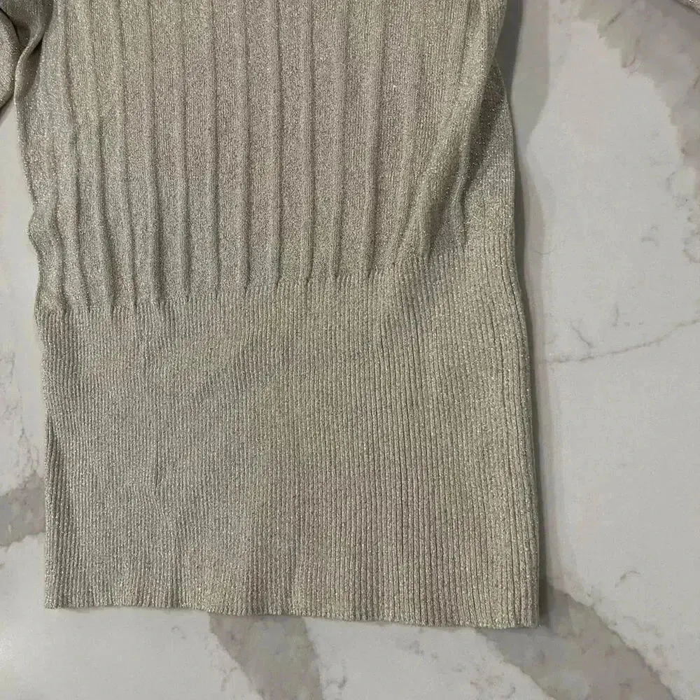 Cable & Gauge Silk Gold Sparkle Ribbed VNeck y2k Sweater Womens Medium Christmas - Image 2