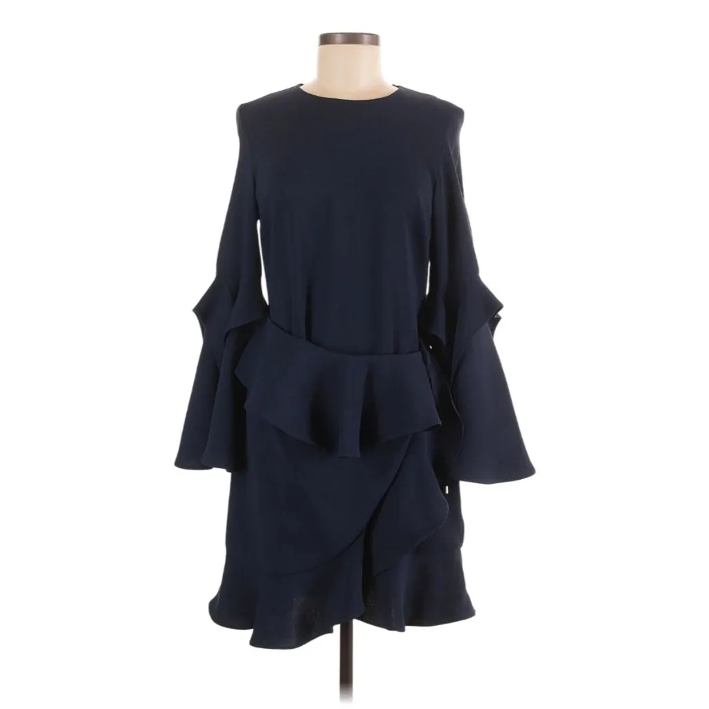 REBECCA VALLANCE Navy Ruffle Long Sleeve Dress Size US 6 Blue - Image 2