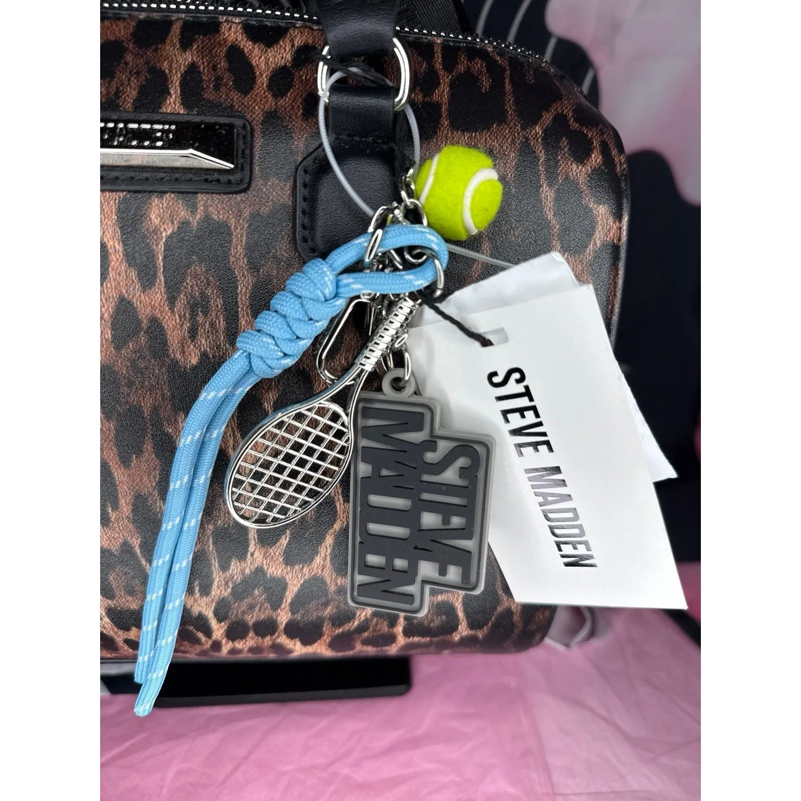 New Steve Madden Leopard Print Satchel Crossbody Bag Tennis Racket Ball Charm - Image 3
