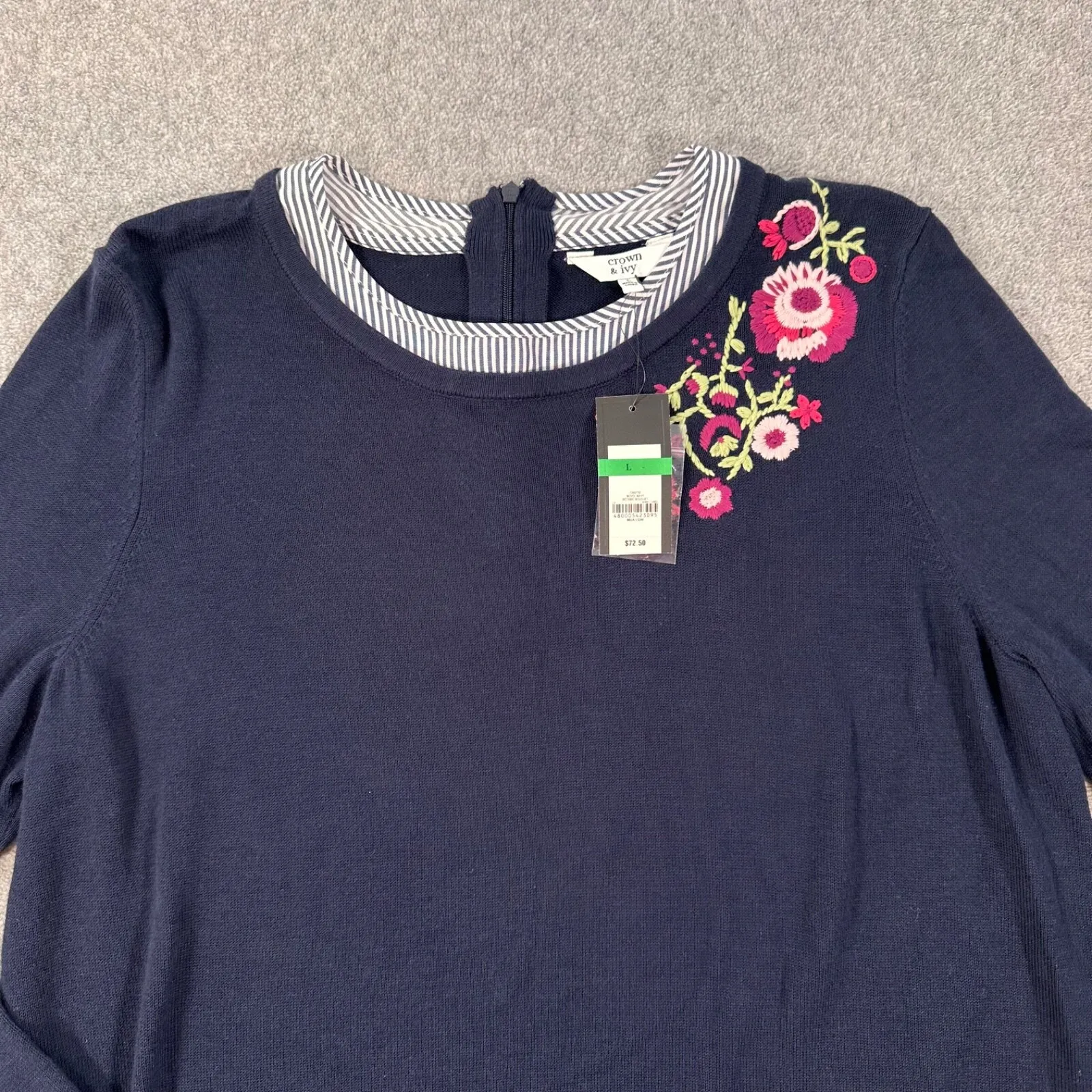 Crown & Ivy Layered Sweater Floral Embroidered Women's Large Navy Blue Stripe - Image 4