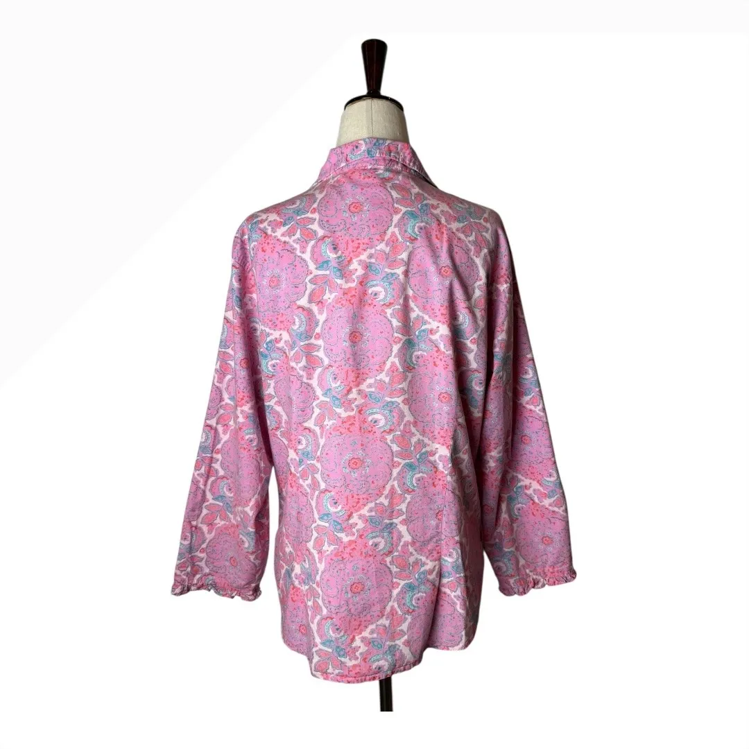 Pine Cone Hill Shirt Women Medium Pink Cotton Floral Button Up Boho Preppy - Image 2