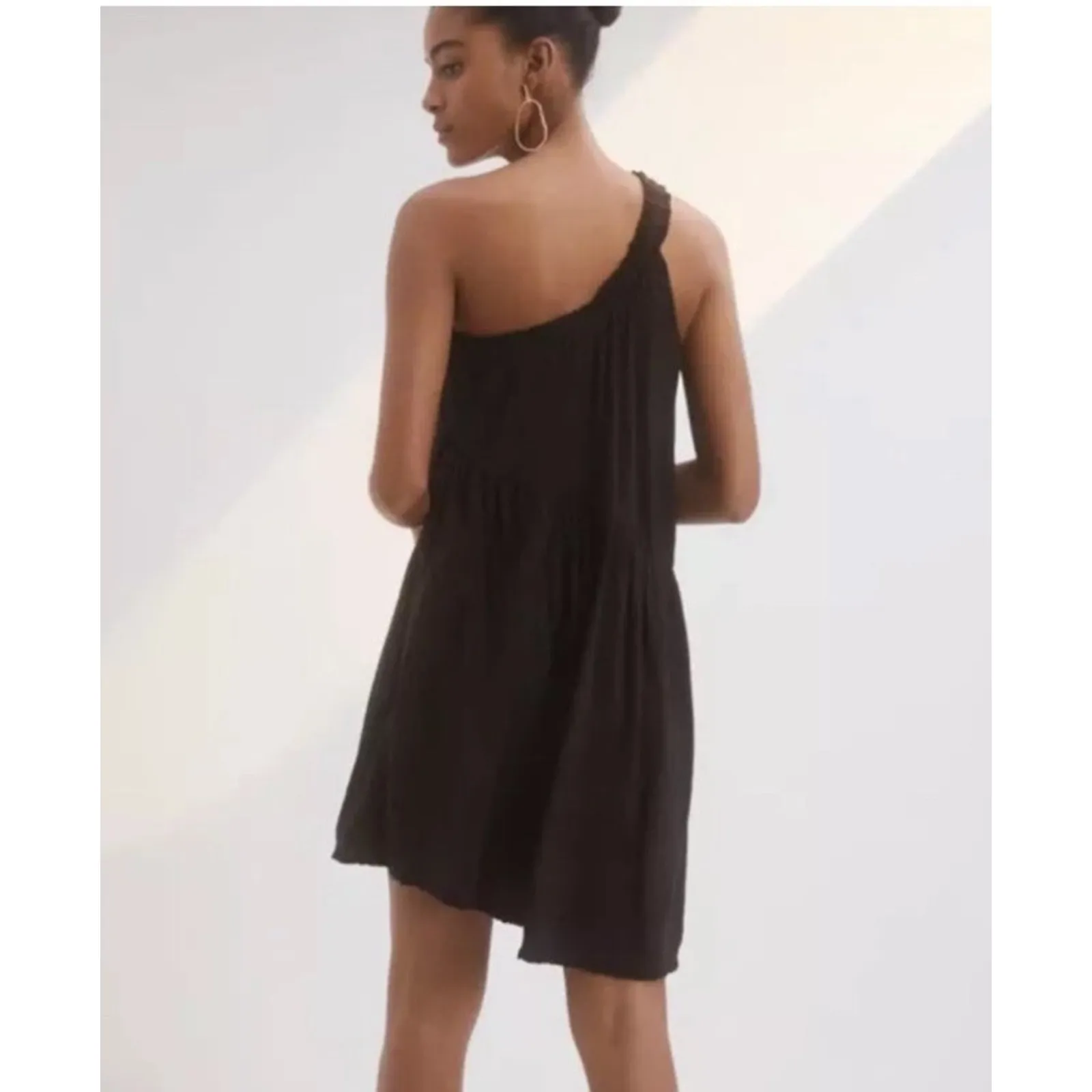 Anthropologie Ruffled One Shoulder Asymmetrical Mini Dress In Black Size XS - Image 2