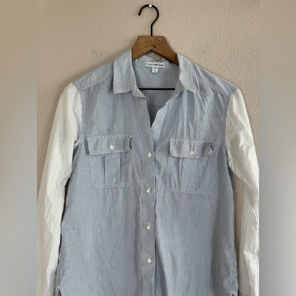 Standard James Perse Blue White Contrast Cotton Button Down Shirt size 2 Medium - Image 3