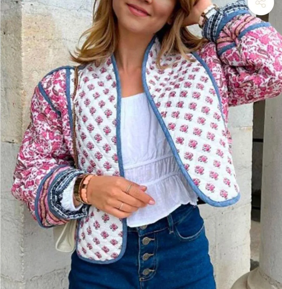 Sundayup Women's Paisley Print Reversible Cropped Jacket Blue - Image 9