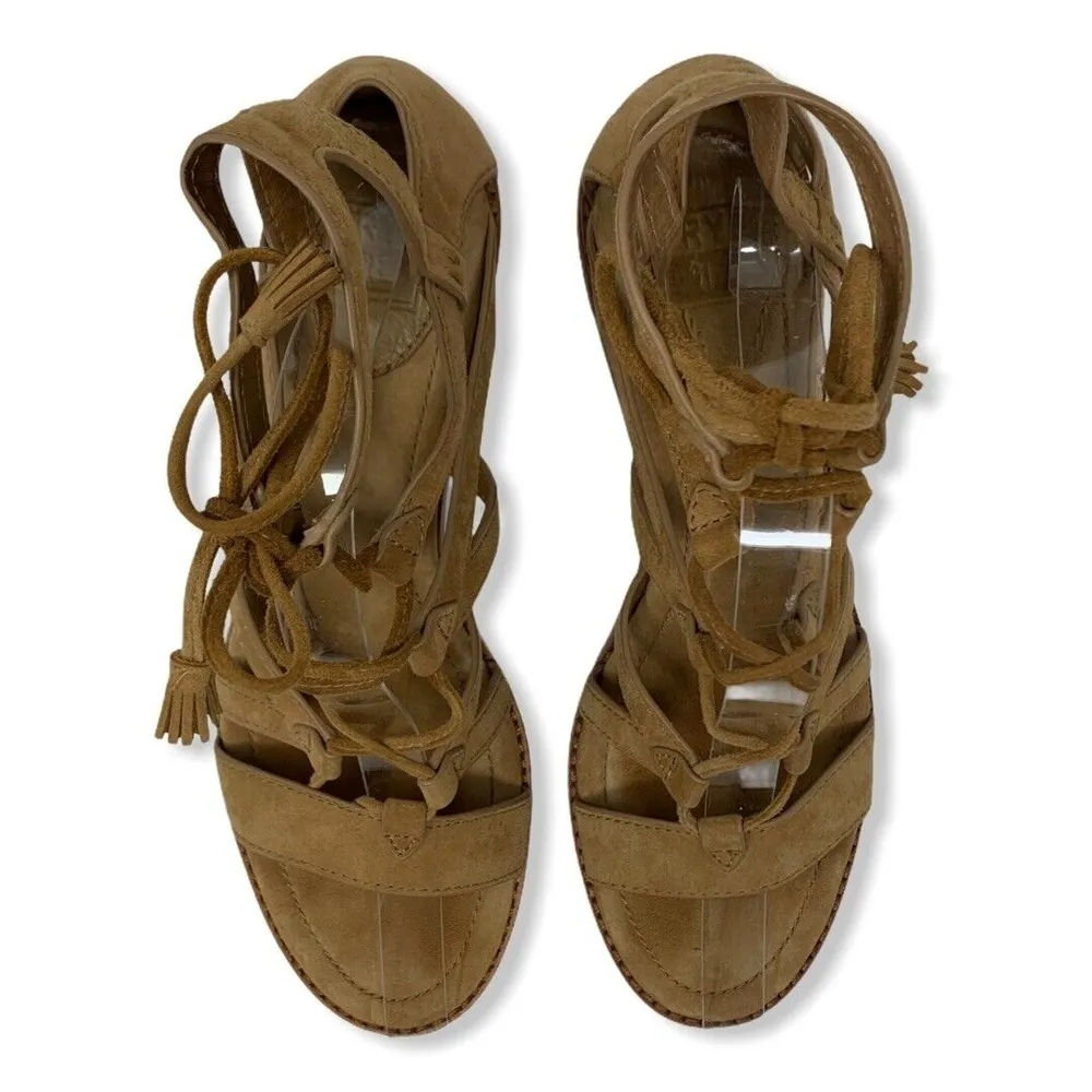 Frye  Gladiator Sandal Tan Brielle Suede Block Heel Tie Closure 9.5 - Image 5