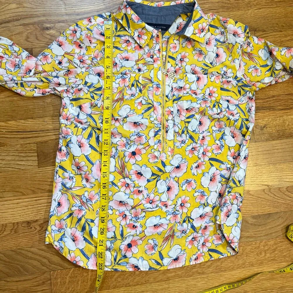 Tommy Hilfiger Womens Small Yellow Pink Floral Cotton Long Sleeve Shirt Cottage - Image 4