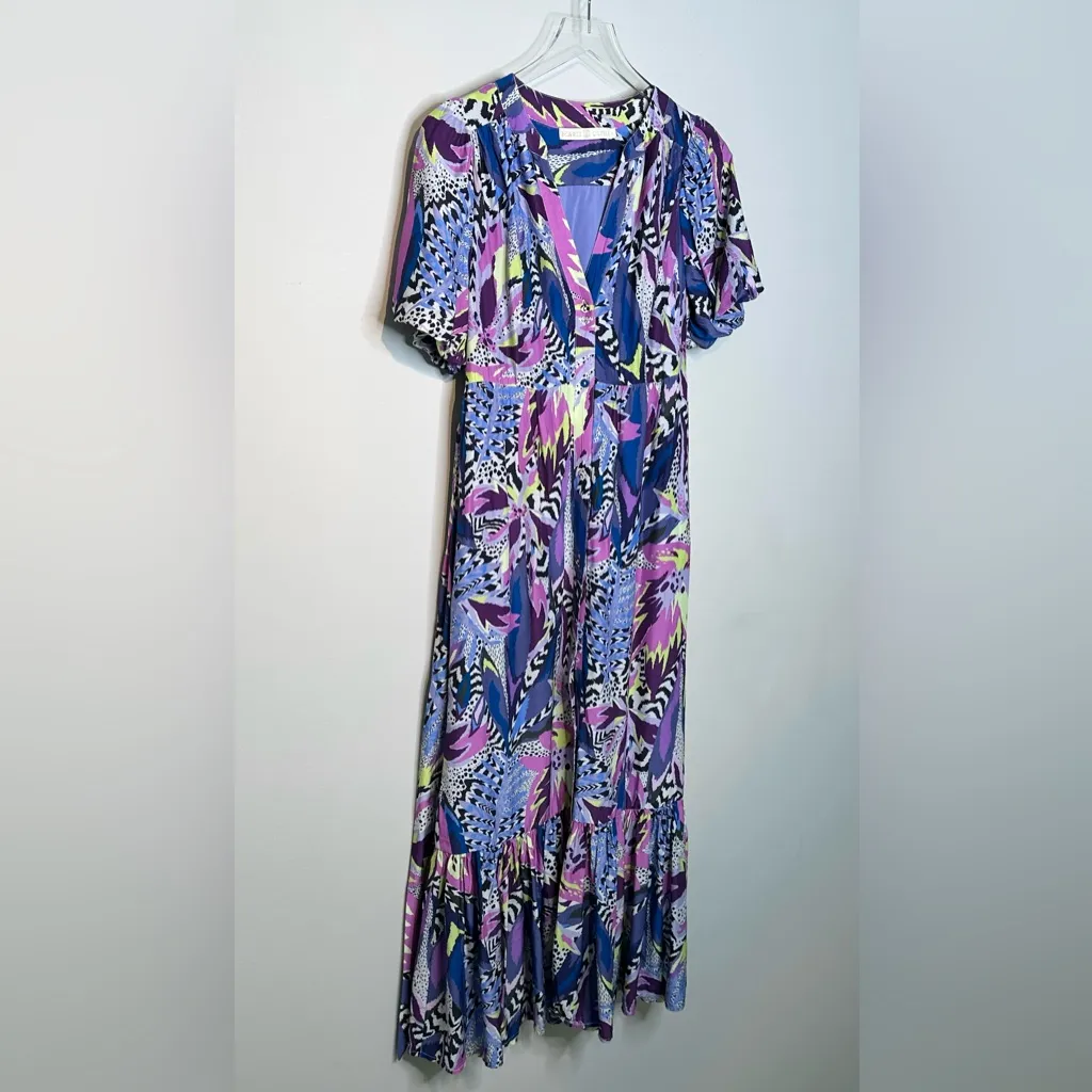 Marie Oliver Barby Purple Inka Tiered Silk Blend Maxi Shirt Dress Size 2 - Image 4