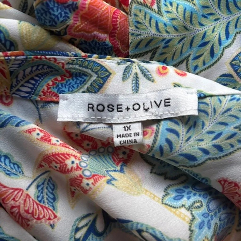 Rose & Olive 1X Orange Blue Flutter Blouse Short Sleeve V Neck Garden Botanical - Image 5