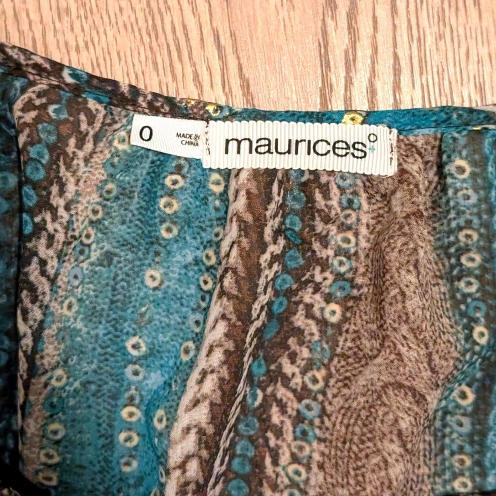 Maurices Plus 0 0X XL Peasant‎ Hippie Boho Chic Dress Aqua Brown Gold Hi Low - Image 2