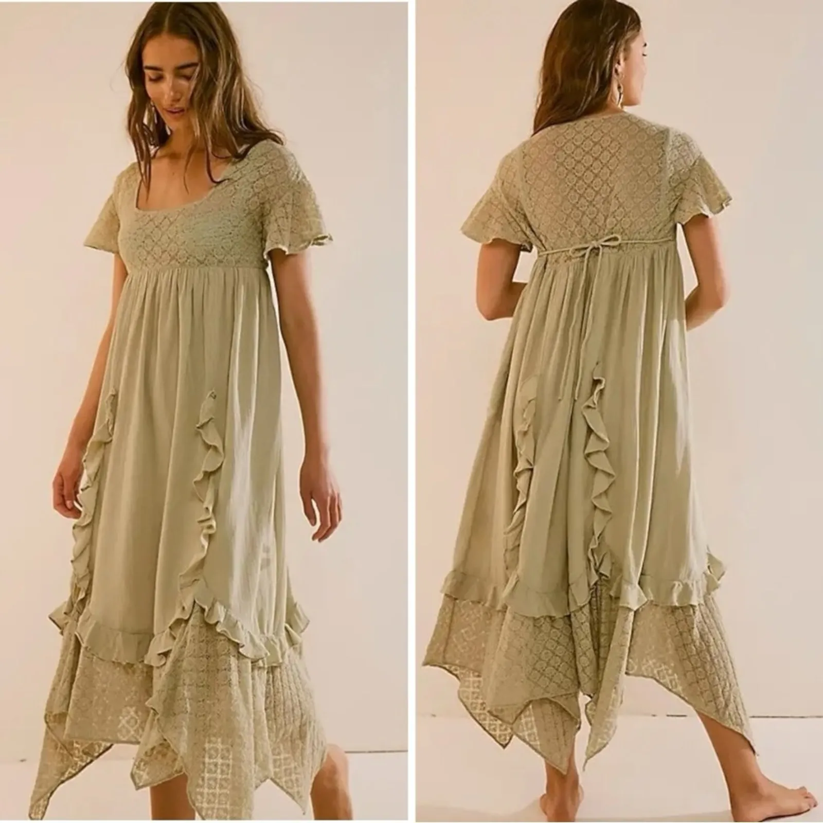 Free People Ethereal Bohemian Bring The Romance Midi Maxi Dress Moss Medium - Image 2