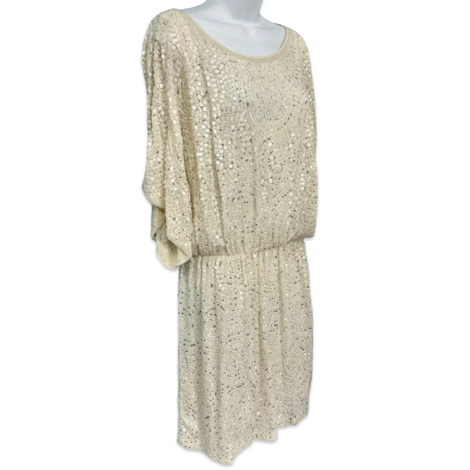 Alexia Admor Ivory Beaded Sequin Dolman Short Sleeve Silk Mini Dress size S / M - Image 12