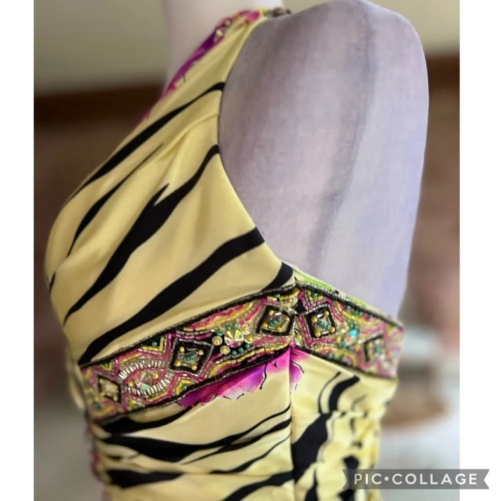 Riva Designs Dress Mini Satin XS Floral One Shoulder Yellow Multi Beaded Bubble - Image 16