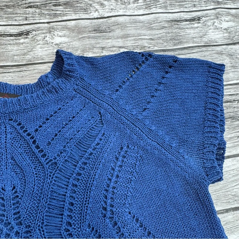 Fever Women's Open Crochet Short Sleeve Sweater Blouse Royal Blue S SM Small Rib - Image 4