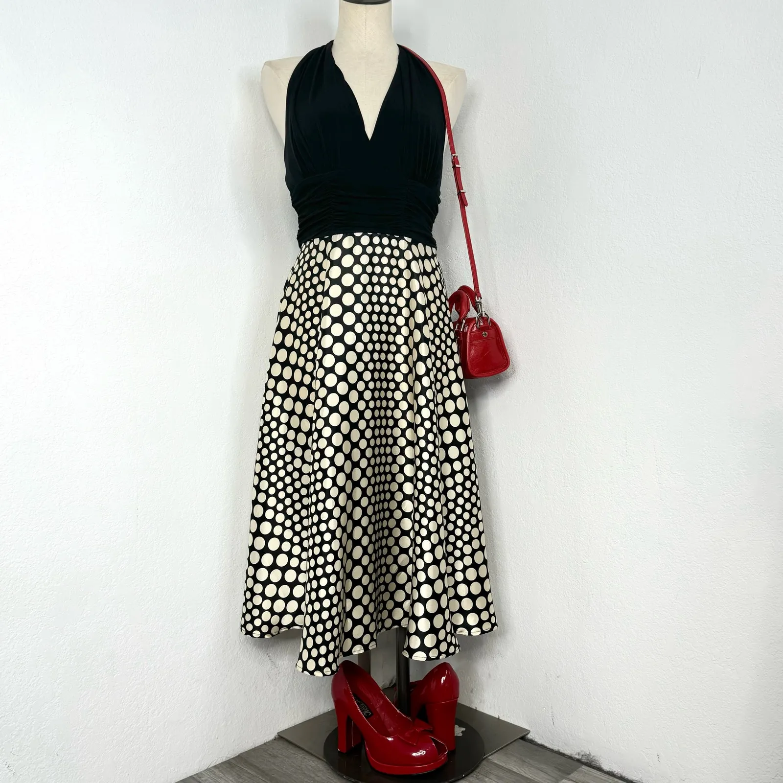 Reto Style Black Polkadot Halter Midi Dress Pin UP Size 8 - Image 3
