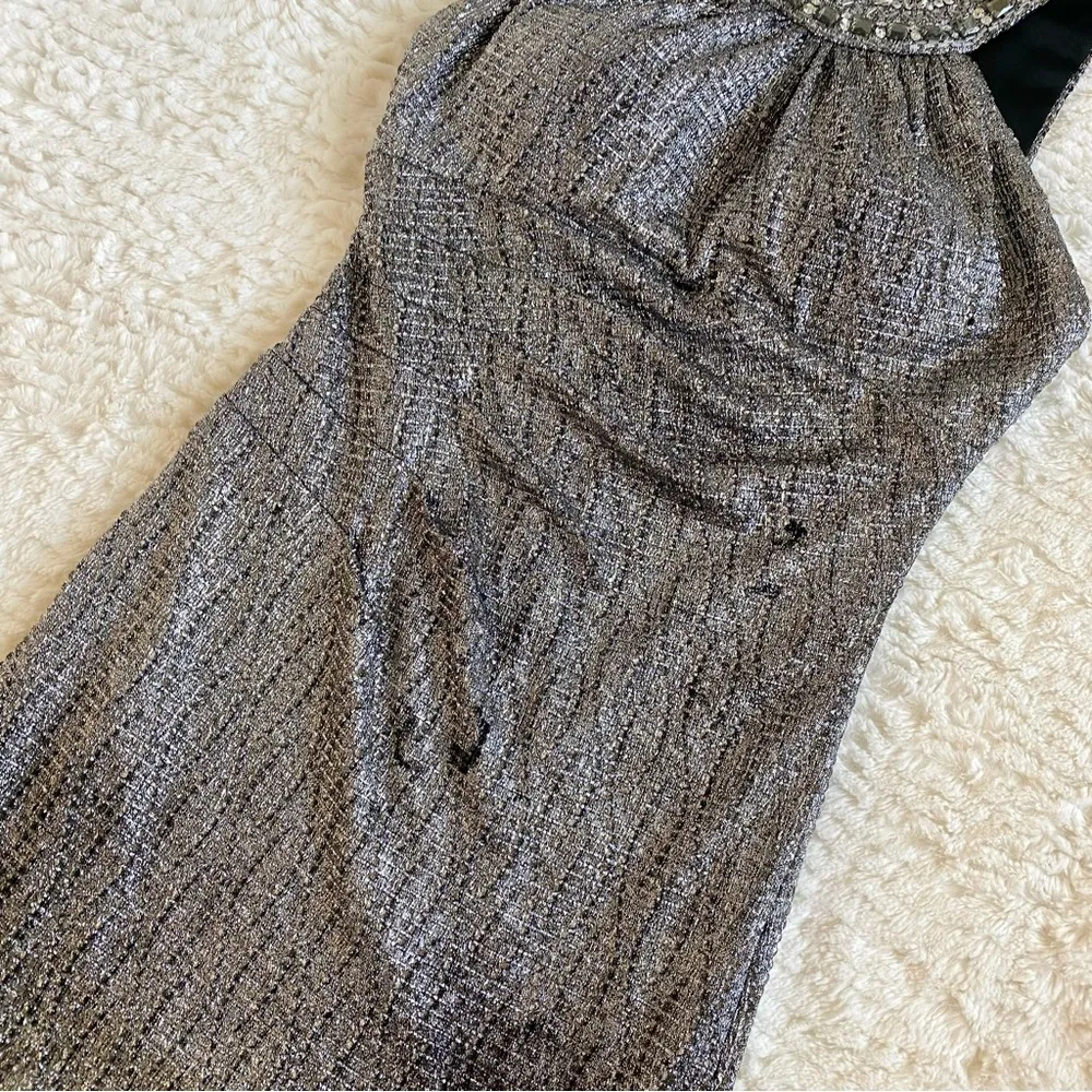 Cache Silver Metallic Beaded Embellished Evening Gown Maxi Dress 0 XS Y2K - Image 6