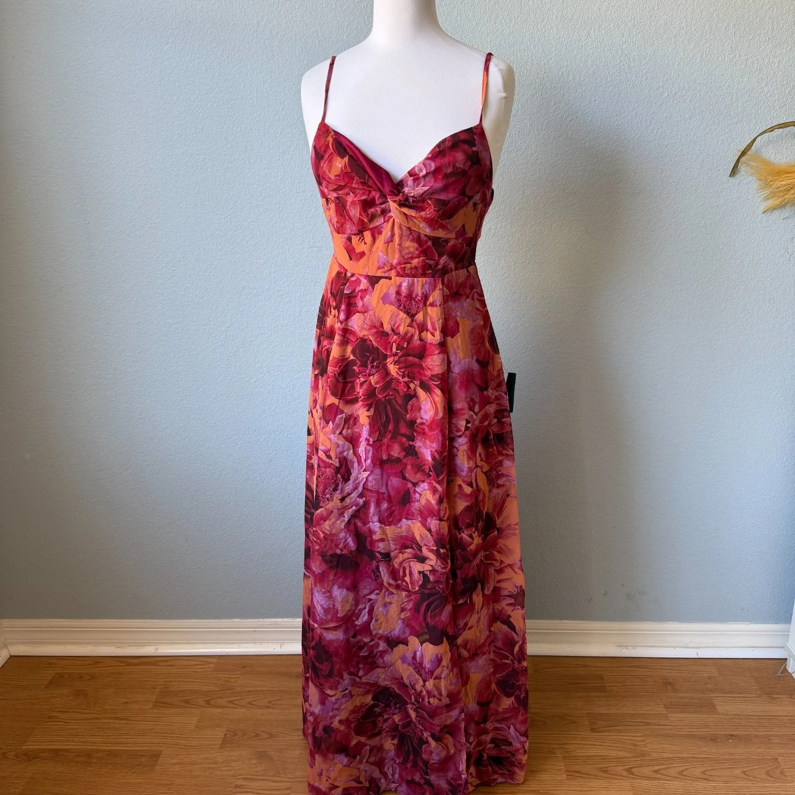 Lulus Beautiful Soul Burgundy Floral Print Twist-Front Maxi Dress Size Small - Image 3