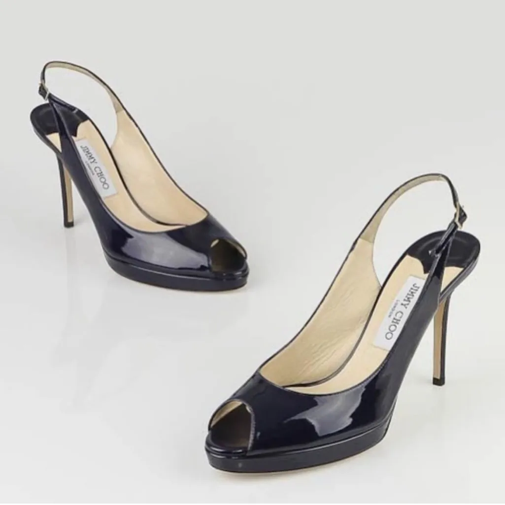 Jimmy Choo Patent Black Nova Leather Peep Toe Slingback Sandal Heels 37 1/2 - Image 1