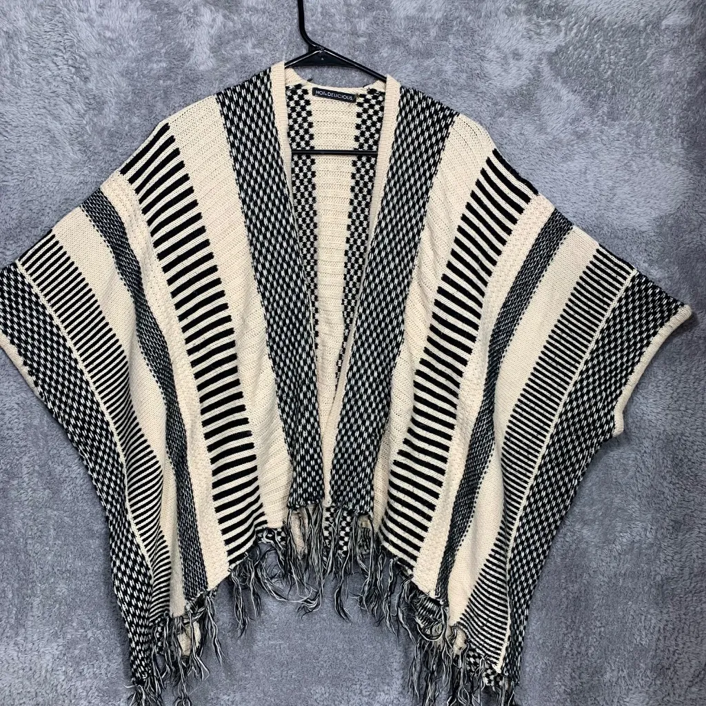 Hot & Delicious Women’s Kimono Cardigan Black White Striped Fringe Open Front Sw - Image 2