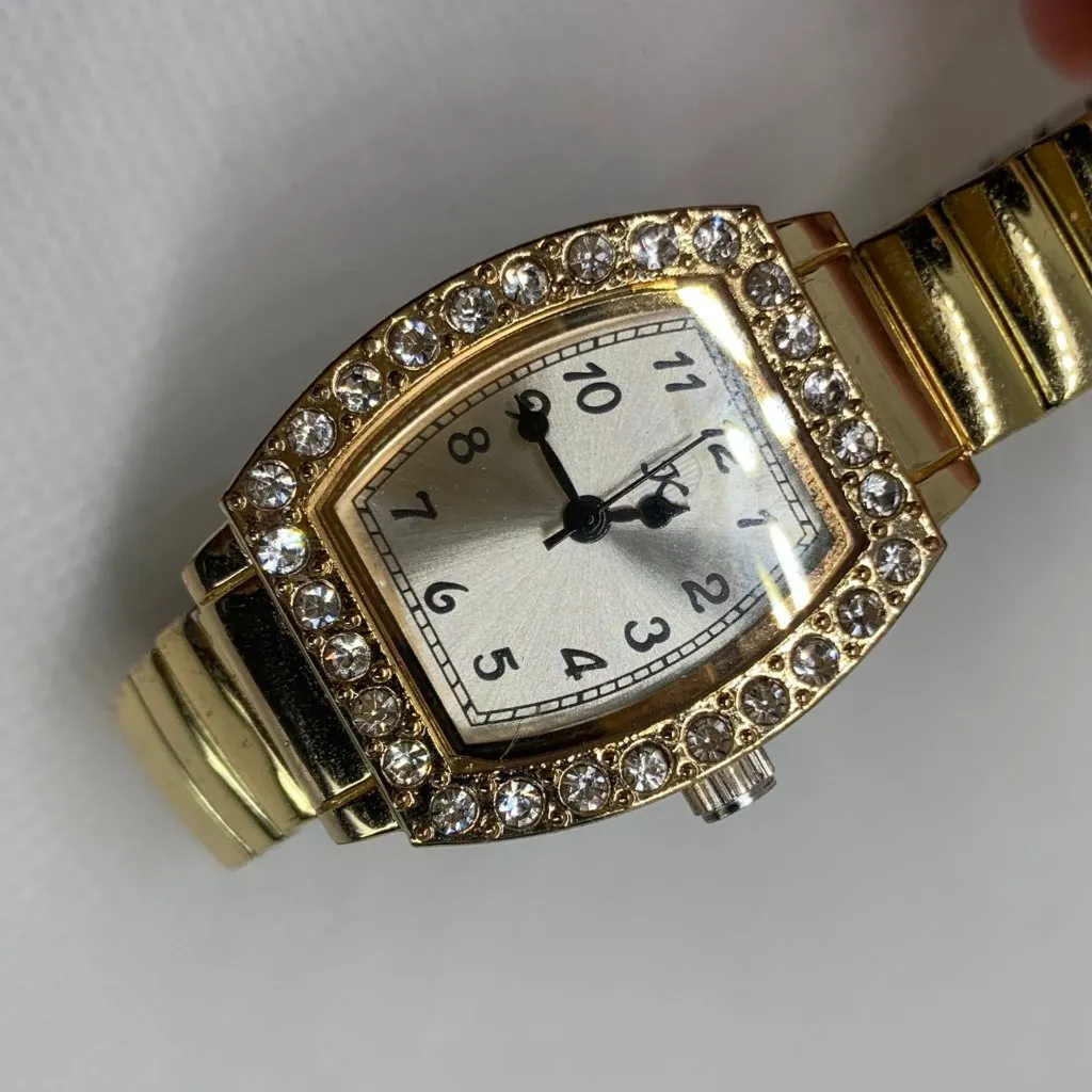 K women gold tone watch rhinestones 23mm quartz analog stretch band running - Image 2