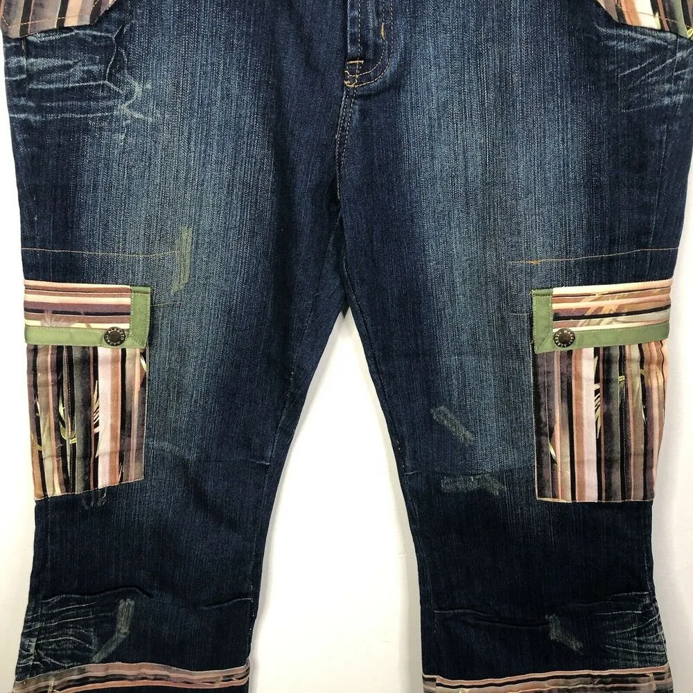 NEW ALBERTO MAKALI Dark Wash Cropped Jeans Striped Cargo Pockets & Trim Sz 14 - Image 3