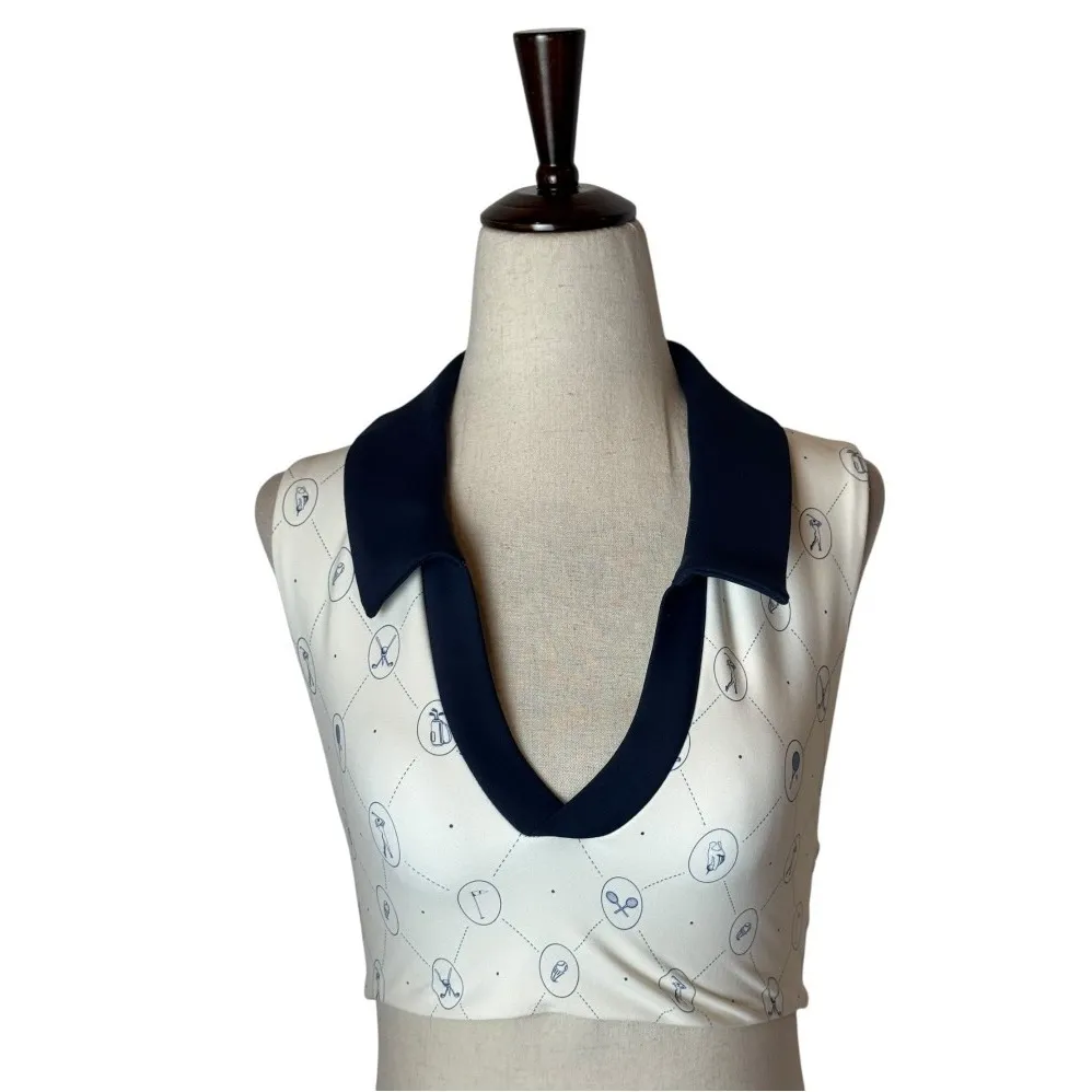 WeWoreWhat‎ Shirt Women Small Ivory Blue Sports Collared Crop Top Tennis Golf - Image 2