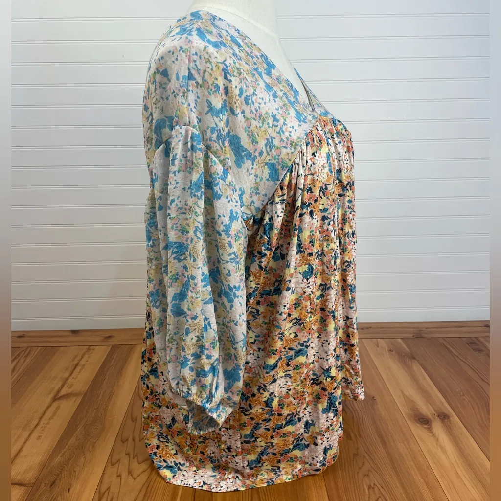 Oddi Floral Babydoll Blouse Two Tone V Neck Puff Sleeve Sheer Plus Size New 1X Blue - Image 4