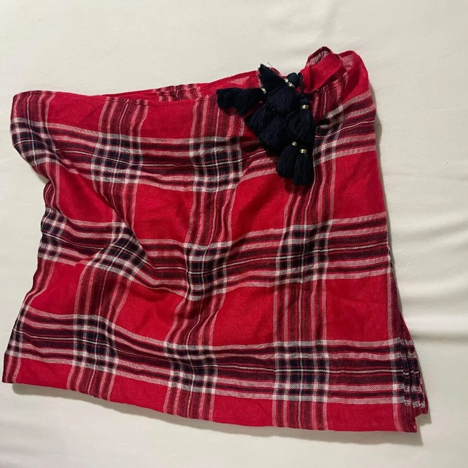 Crown & Ivy · Plaid · Scarf with Navy Tassels · Lightweight · Red · One Size - Image 5